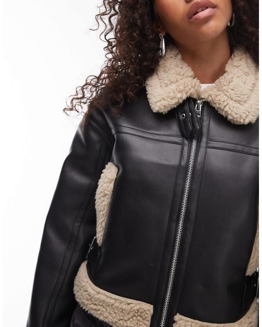TOPSHOP Black Faux Leather Shearling Fitted Aviator Jacket