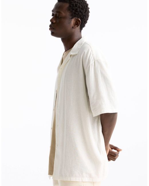 Pull&Bear White Linen Look Revere Neck Shirt for men