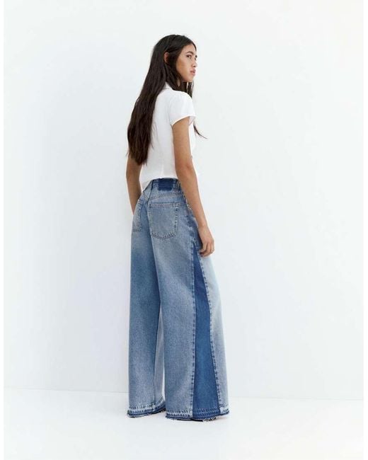 Pull&Bear Blue Wide-leg Patchwork Jeans