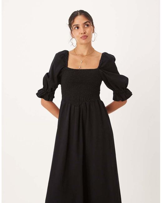 ASOS Black Soft Denim Puff Sleeve Midi Dress With Shirring