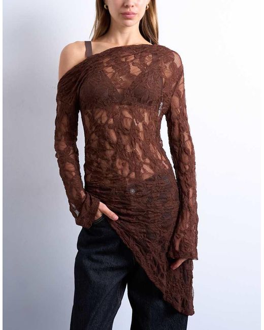 TOPSHOP Brown Lace Off Shoulder Tunic Long Sleeve Top