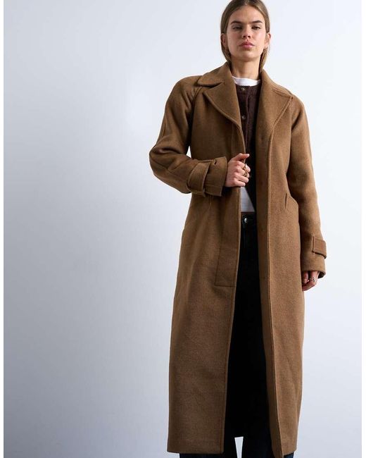 TOPSHOP Brown Belted Formal Longline Coat With Wool
