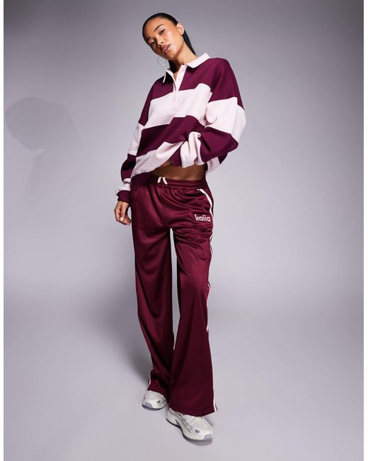 Kaiia Purple Embroidered Logo Side Stripe Wide Leg Tricot jogger Co-ord