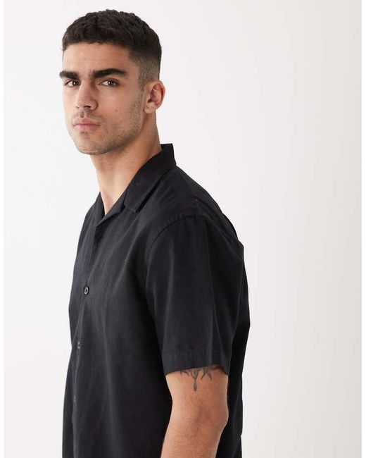 SELECTED Black Linen Blend Short Sleeve Shirt for men