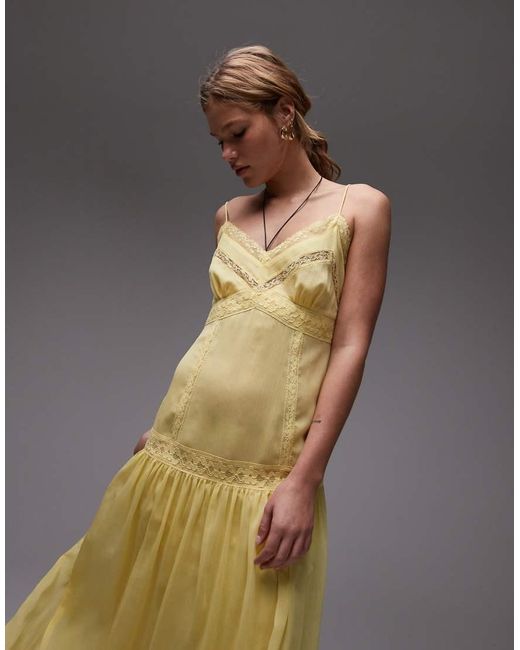 TOPSHOP Gray Lace Insert Chiffon Midi Dress