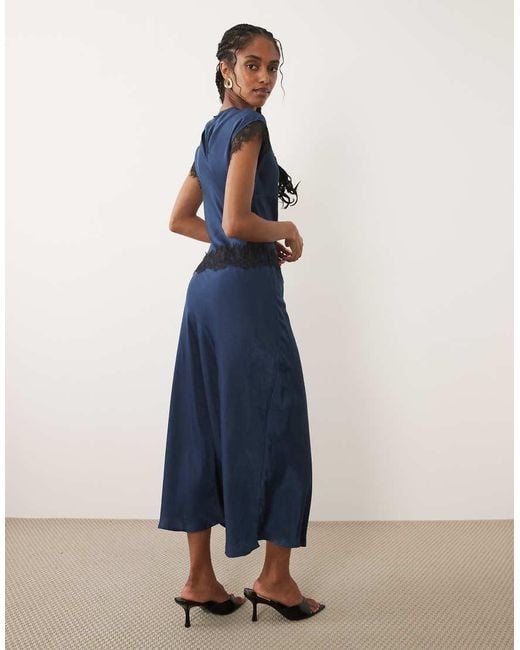 New Look Blue Lace Trim Satin Midi Dress