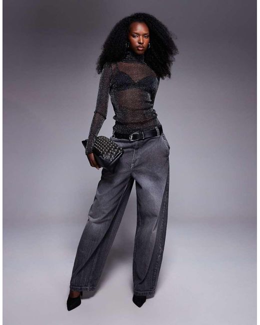 ASOS Black Roll Neck Sheer Metallic Second Skin Mesh Top