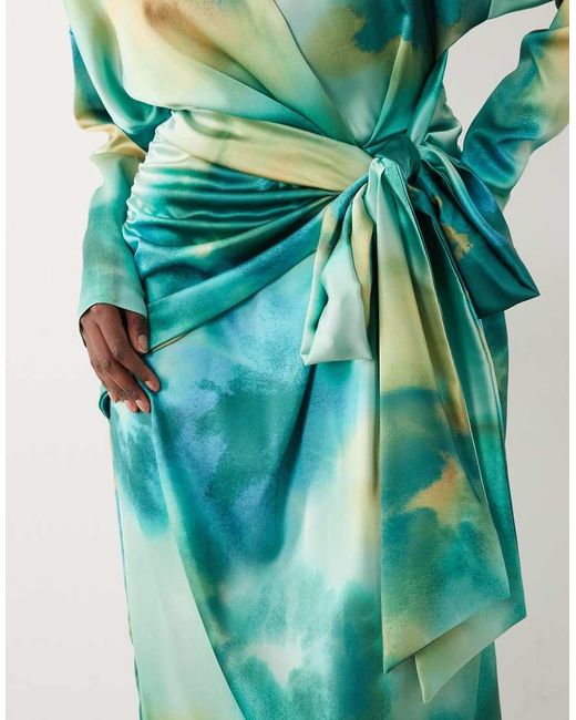 DASKA Satin High Neck Long Sleeve Knot Detail Maxi Dress Green Blur Print