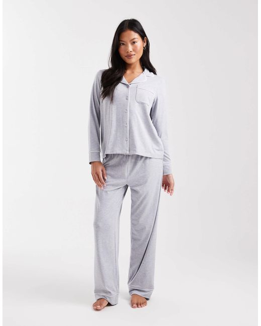 ASOS Gray Asos Design Petite Super Soft Long Sleeve Shirt & Pants Pyjama Set With Contrast Piping