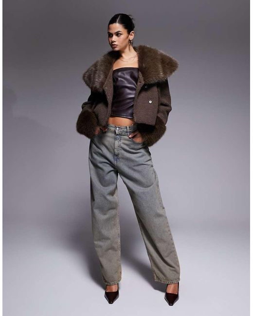 The Frolic Gray Exclusive Boucle Faux Fur Oversized Collar And Cuff Detail Jacket