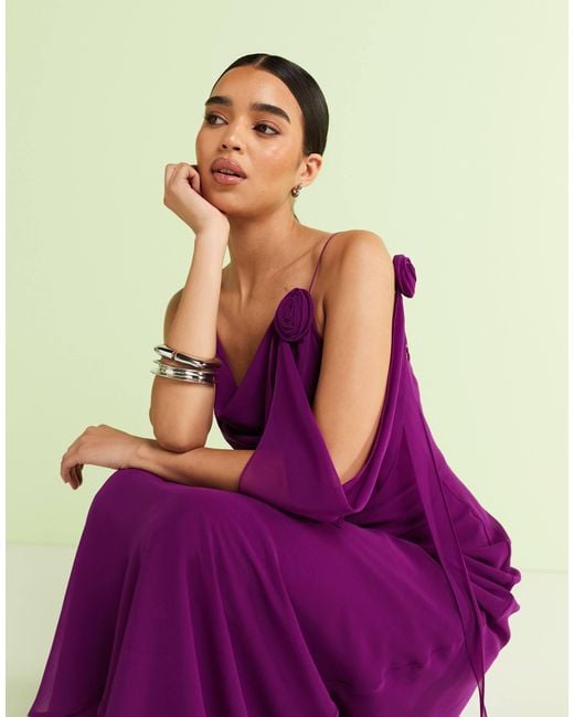 Mango Chiffon Maxi Dress With Draped Rosette Detailing in Purple | Lyst