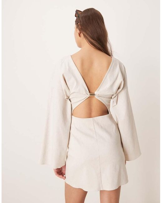 ASOS Natural Linen Look Bengaline Flared Sleeve Open Back Mini Dress