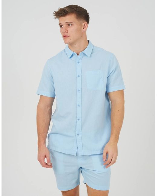 Brave Soul Blue Short Sleeve Button-Up Shirt With Chest Pocket for men