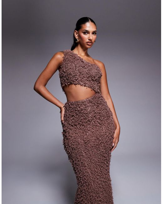 ASOS Purple One Shoulder Knotted And Trim Detail With Cut Out Fluffy Maxi Dress