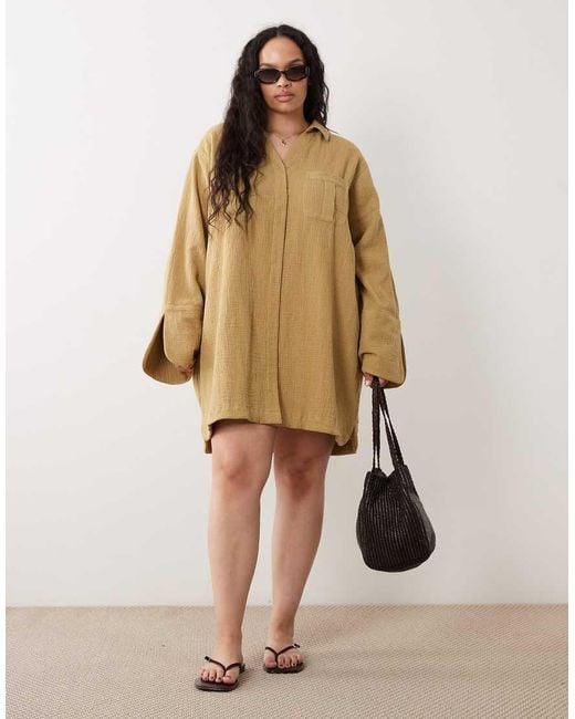 ASOS Brown Asos Design Curve Double Cloth Mini Shirt Dress With Wide Cuffs And Oversized Pockets