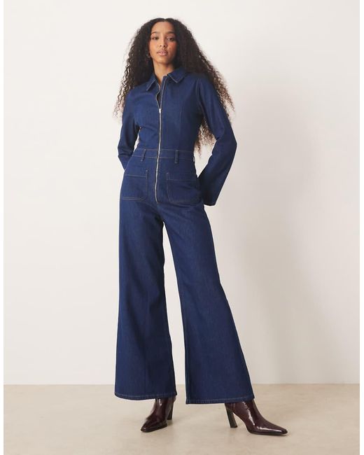 ASOS Blue Denim 70s Style Flare Jumpsuit