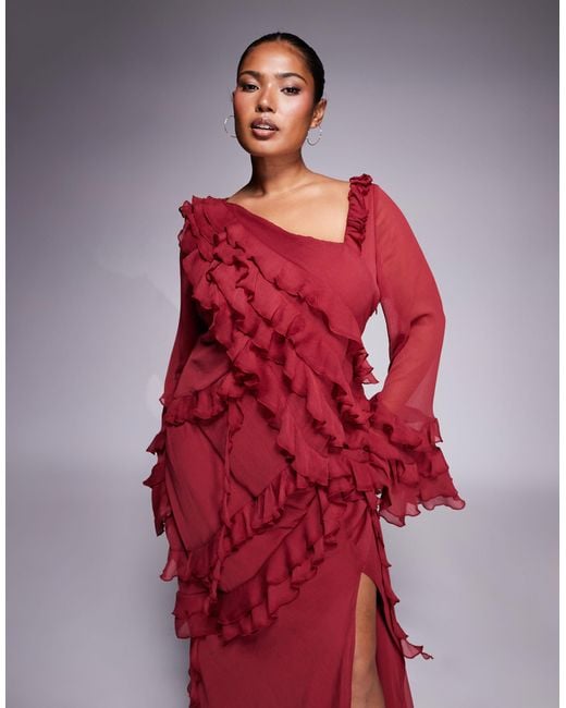 ASOS Red Asos Design Curve Chiffon Long Sleeve Asymmetric Tie Soft Ruffle Maxi Dress