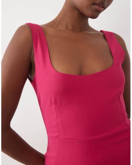 Vesper Pink Bengaline Square Neck Fishtail Maxi Dress