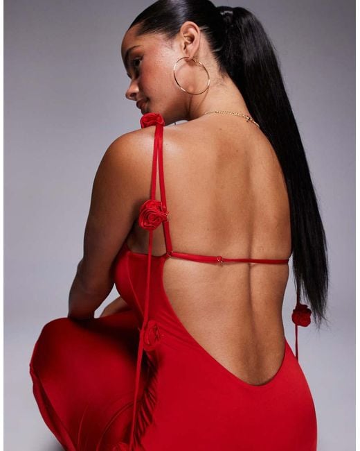 Oh Polly Red Aldona Slinky Jersey Rose Detail Maxi Dress
