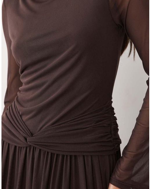 DASKA Brown Drop Waist Mesh Maxi Dress With Twist Detail