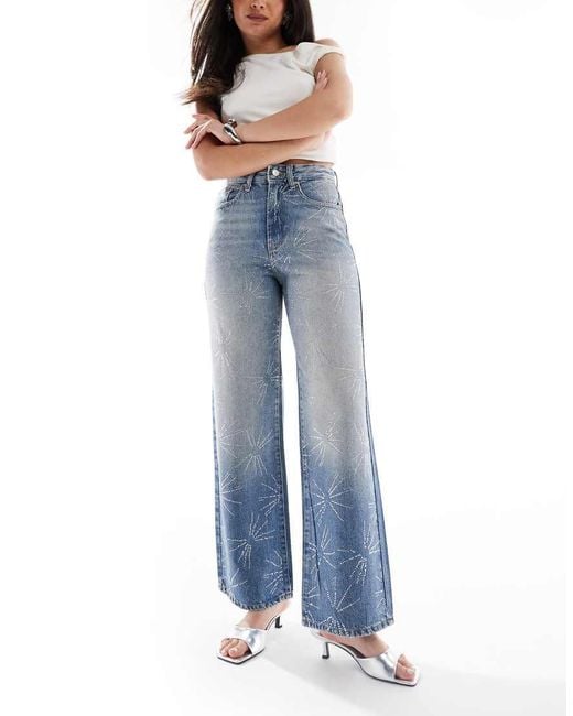 ONLY Blue Hope Extra High Waist Wide Leg Rhinestone Jeans