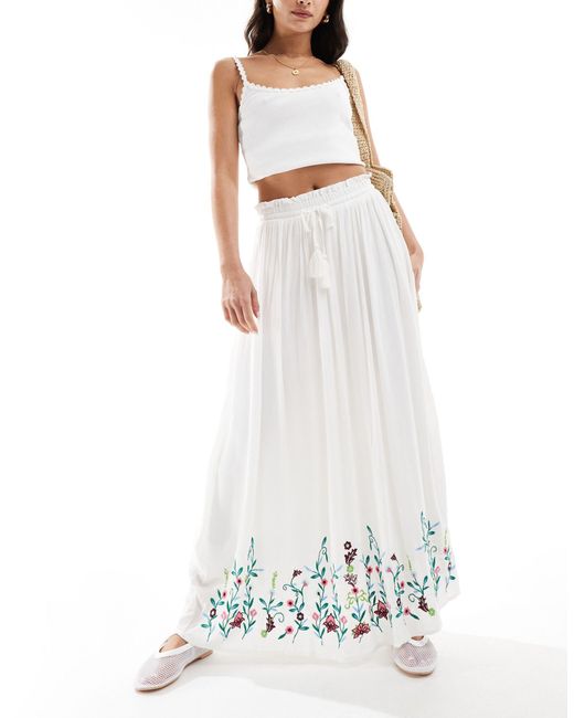 Y.A.S White Festival Embroidered Maxi Boho Skirt With Tie Waist