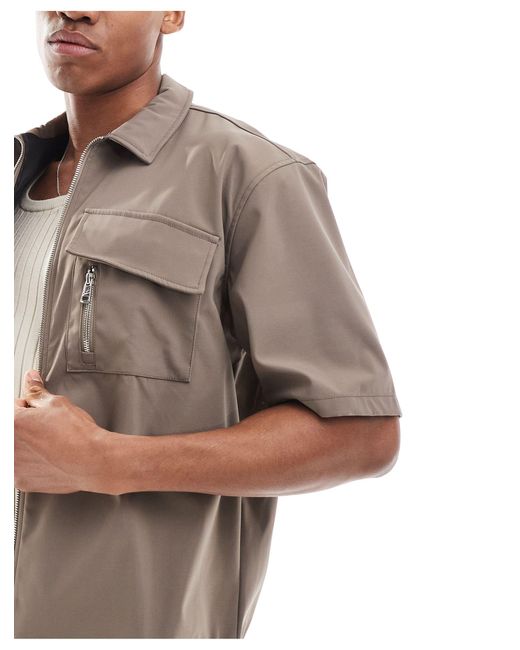 The Couture Club Natural Co-ord Nylon Zip Through Utility Shirt for men