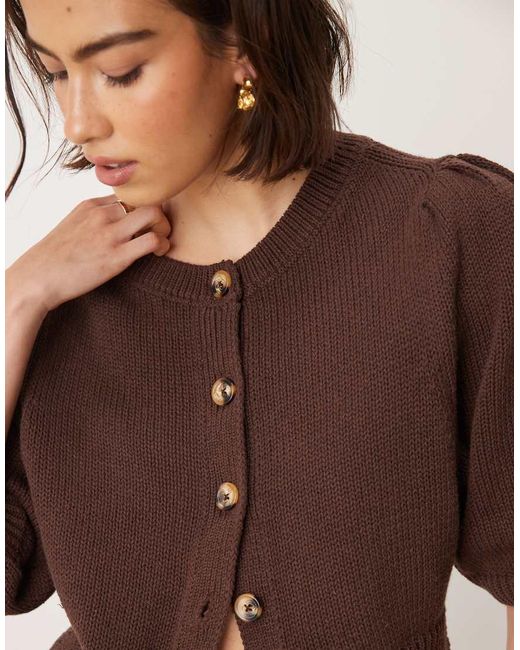 ASOS Blue Crew Neck Cardigan With Puff Sleeve