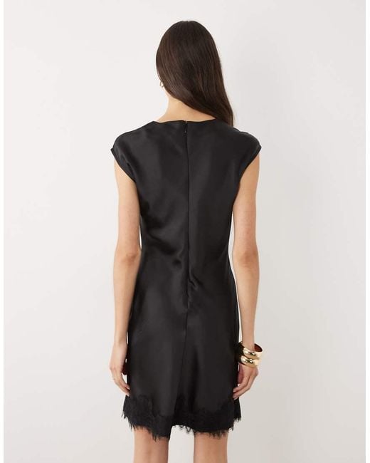 ASOS Black Asos Design Tall Slash Neck Satin Mini Dress With Lace Hem