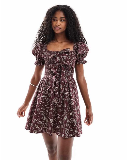 Vestito Corto Con Bustino Arricciato Con Stampa E Allacciatura Sul Davanti di Miss Selfridge in Red