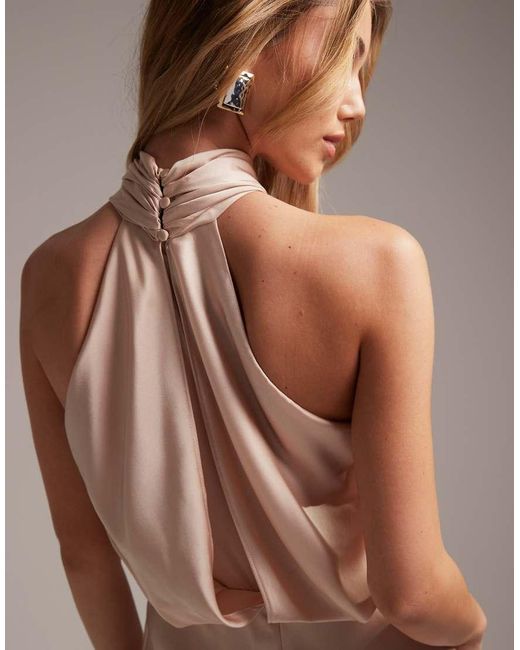 ASOS Pink Bridesmaid Satin Ruched Halter Neck Maxi Dress