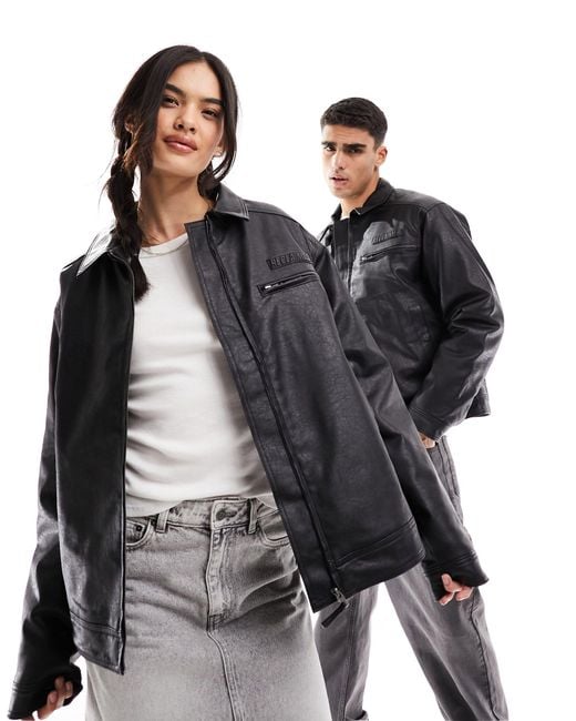 Reclaimed (vintage) Black Unisex Zip Front Washed Leather Look Motor Jacket