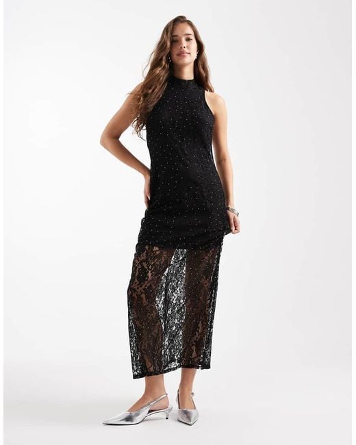 Vero Moda Black Sheer Lace Sleeveless Maxi Dress With All Over Stud Detail