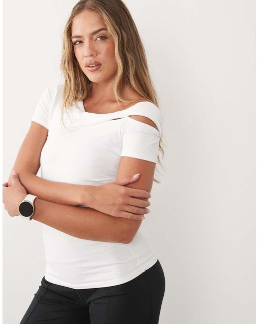 4505 White Plush Handle Asymmetric Drape Detail Cap Sleeve Studio Top