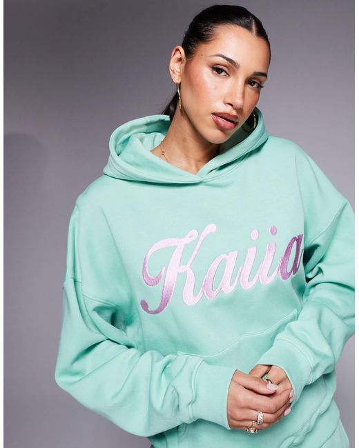 Kaiia Green Embroidered Swirl Logo Oversized Hoodie Co-ord