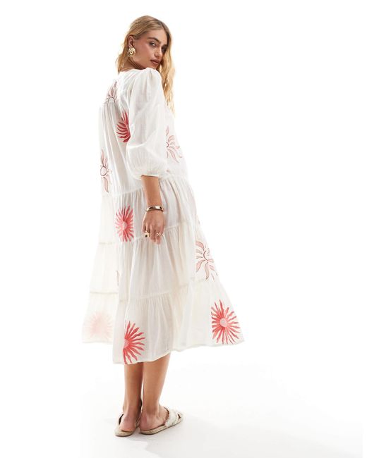 Accessorize White – midi-strandkleid mit sommerlichem sonnenprint und puffärmeln