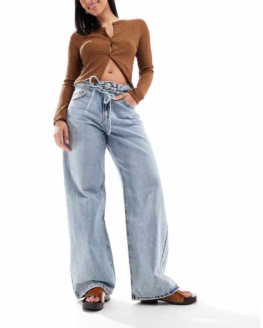 Pull&Bear Blue baggy Jean With Tie Waist Detail