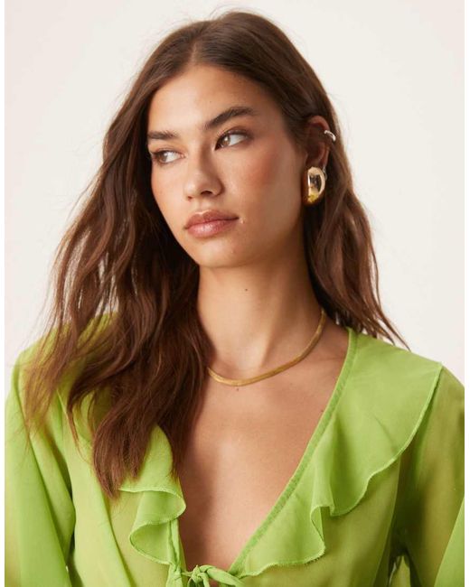 esmé studios Green Esmee Exclusive Mesh Long Sleeve Beach Crop Top Co-ord With Ruffle Detail