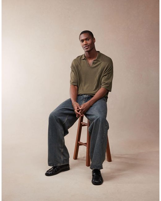 ASOS Green Relaxed Boxy Fit Knitted Notch Neck Polo With Pointelle Pattern for men