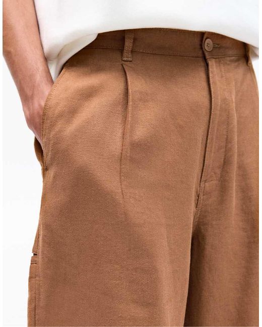 Pull&Bear Baggy Bermudashorts Van Linnenmix in het Brown voor heren