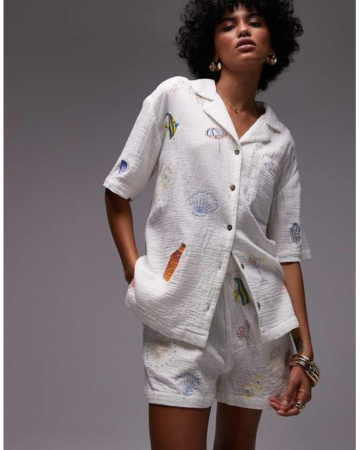 TOPSHOP Gray Cotton Doodle Embroidery Resort Shirt - Part Of A Set