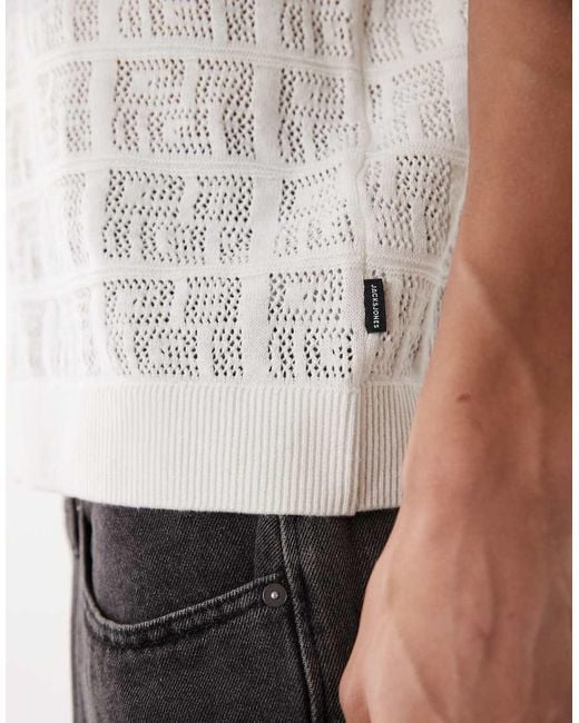 Jack & Jones White Premium Square Pattern Knit Button Down Shirt for men
