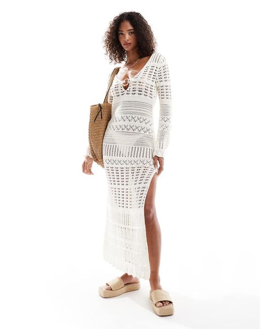 Vestido Largo De Manga Larga Con Anilla En Forma De O De Punto De Croché De -Blanco Miss Selfridge de color White