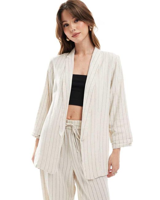 Pieces White Mix & Match Linen Touch Ruched Sleeve Blazer