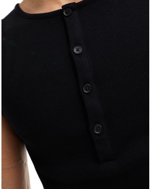 Collusion Black Rib Slim Fit Button Vest for men