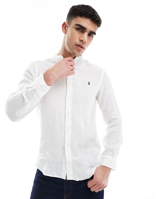Polo Ralph Lauren Icon Logo Slim Fit Band Collar Linen Shirt in White for  Men | Lyst