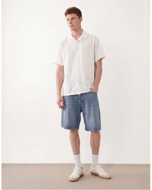 Jack & Jones White Premium Linen Blend Short Sleeve Shirt With Green Stripes for men