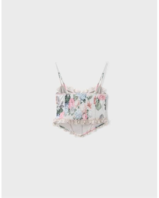 Stradivarius White Fitted Floral Print Cropped Top