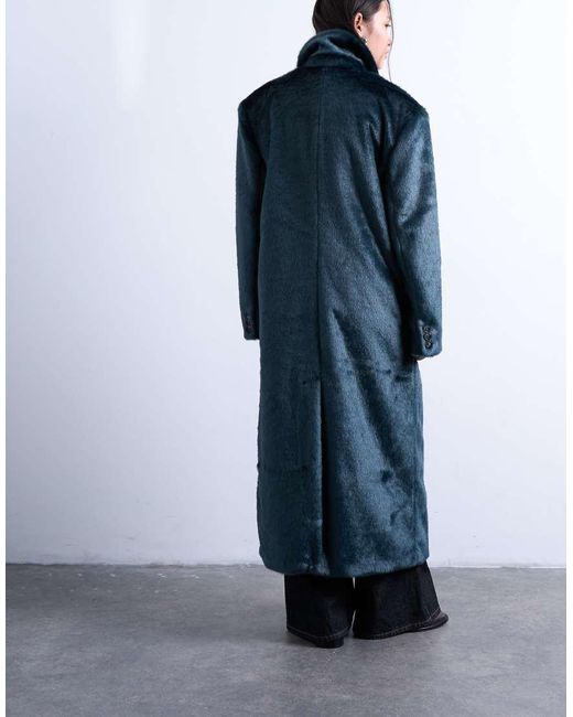 TOPSHOP Blue Faux Fur Longline Double Breasted Coat