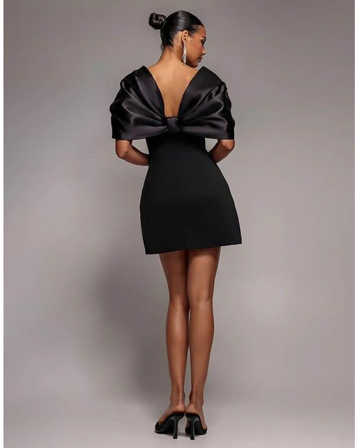 Goddiva Brown Off Shoulder Back Satin Bow Mini Dress